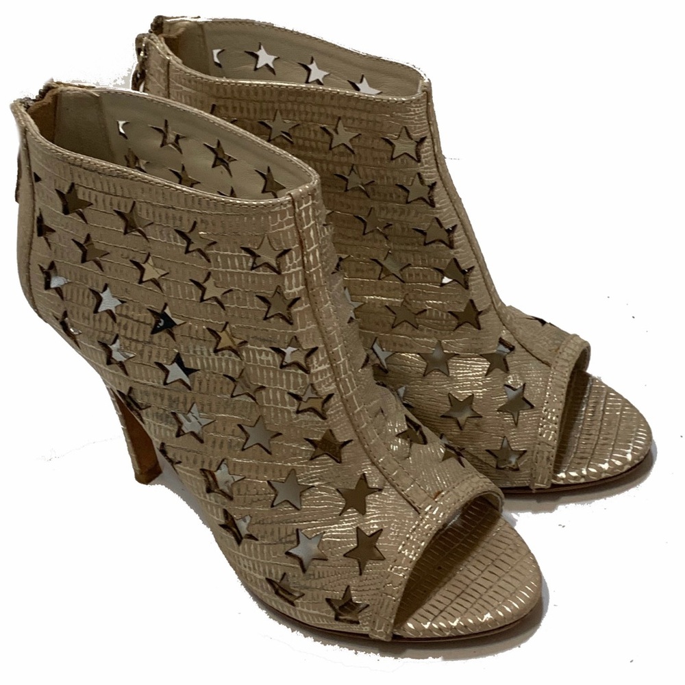 7.5 / Alice + Olivia gold Cut Out Stars Toe Zip High Heel